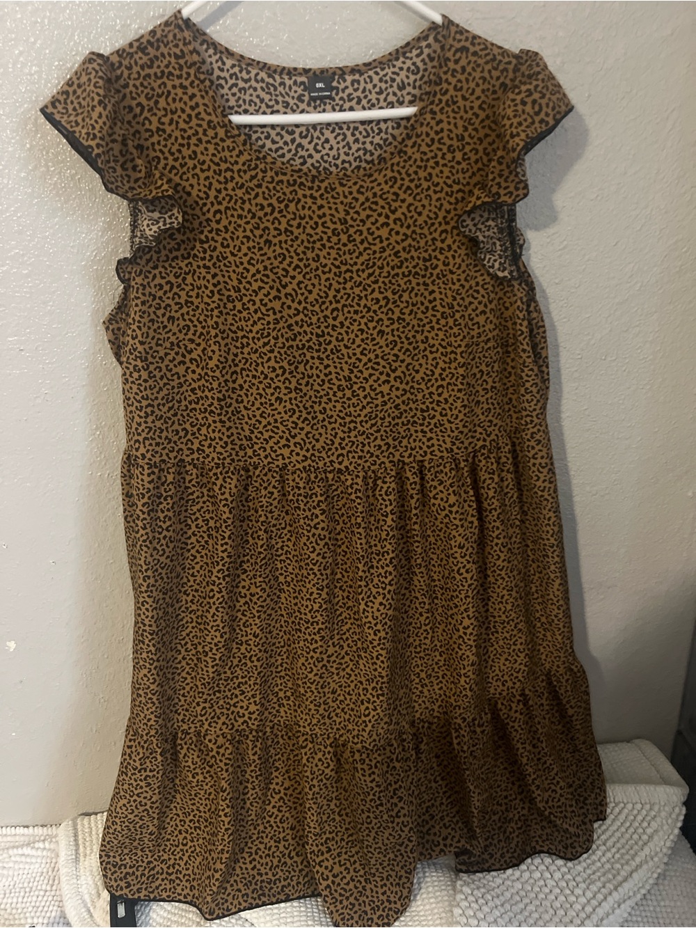 SHEIN Tan Leopard Print Tiered Dress with Ruffle Sleeves